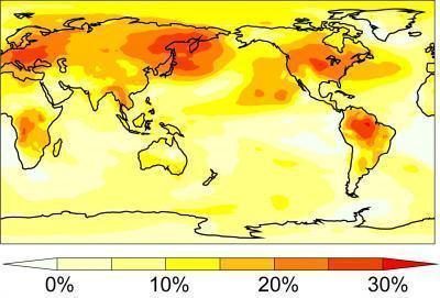 Map of globe shows percentage of predicted warming due to the direct effect of carbon dioxide on plants. Carbon dioxide warms the Earth because it is a greenhouse gas in the atmosphere, but it also causes plants to provide less evaporative cooling. A study by Long Cao and Ken Caldeira finds that in some places (darkest orange) over 25 percent of the warming from increased atmospheric carbon dioxide is a result of decreased evaporative cooling by plants. (Credit: Carnegie Institution)
