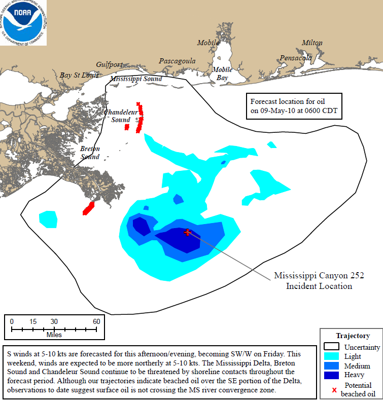 Projected oil spill path to 9 May 2010. Deepwater Horizon 72Hr Trajectory Map: The 72 hour trajectory forecast prepared on May 6 at 11:00pm. NOAA / NOS / OR&R