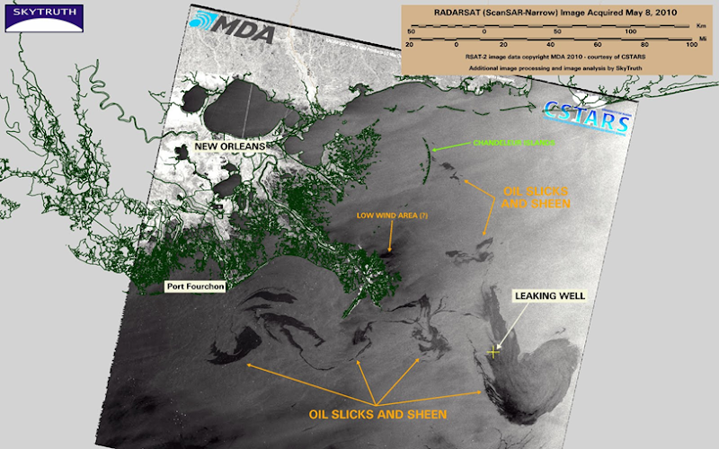 RADARSAT-2 image with SkyTruth analysis, May 8, 2010. blog.skytruth.org