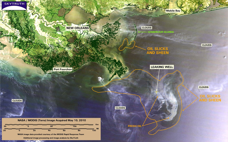 MODIS satellite image of the BP Gulf of Mexico oil spill from May 10, 2010. SkyTruth / NASA / MODIS (Aqua)