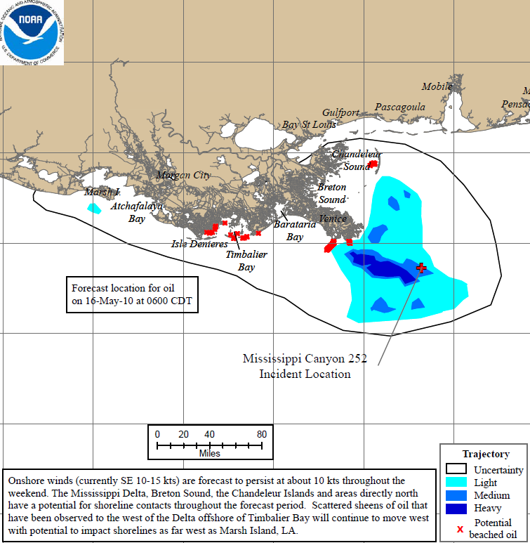 Projected oil spill path to 16 May 2010. Deepwater Horizon 72Hr Trajectory Map: The 72-hour trajectory forecast is prepared by NOAA / NOS / OR&R.