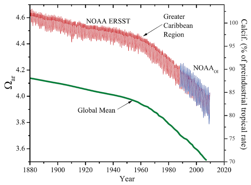 Time series of the regional mean Ωar for the Greater Caribbean Region. D.K. Gledhill, R. Wanninkhof, and C.M. Eakin, 2009