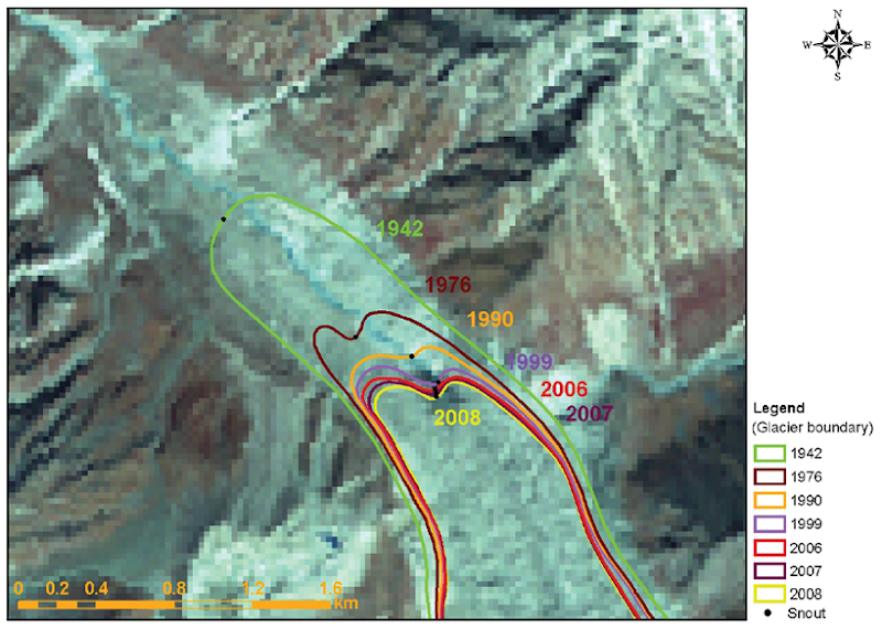 Snout Position of the Gangotri Glacier, 1942-2008. WWF