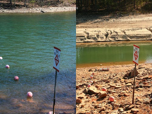 Lake Lanier, Georgia drought: March 4th 2007 (left), February 11th 2008 (right). Montage by Brian Hursey (CC)
