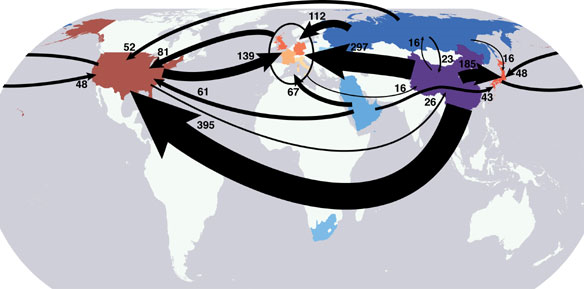 This map shows the flow of carbon emissions embodied in trade among the major exporting and importing countries. Net exporting countries are in blue and net importers in red. China is by far the largest exporter of carbon dioxide emissions. Arrows indicate direction and magnitude of flow; numbers are megatonnes. (Steven Davis / Carnegie Institution for Science)