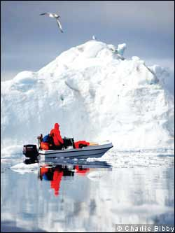 Fishermen negotiate icebergs near Ilulissat. Charlie Bibby