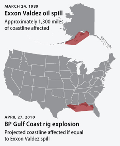 Affected Coastline in Exxon Valdez And BP Deep Water Horizon Oil Spills. via climateprogress.org