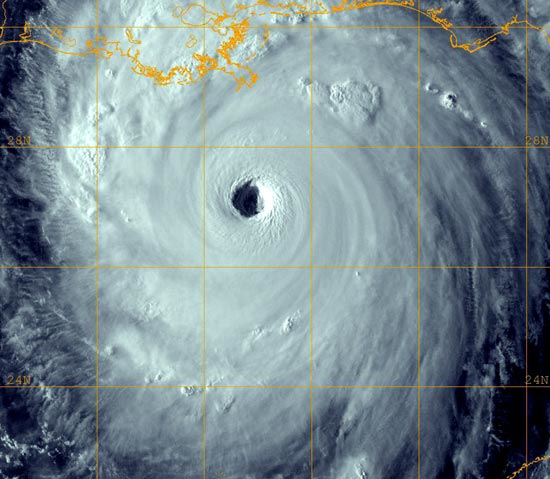 Hurricane Katrina as a Category 5 cyclone off the coast of the US on 28 August 2005, just before it made landfall near New Orleans. via web.arch.usyd.edu.au
