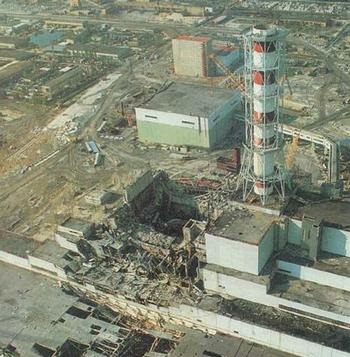 The Chernobyl nuclear reactor was destroyed by an explosion and fire April 26, 1986. (Photo issued by Soviet authorities)