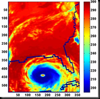 Extremely high clouds, known as deep convective clouds, are typically associated with severe storms and rainfall. In this AIRS image of Hurricane Katrina, taken August 28, 2005, the day before Katrina made landfall in Louisiana, the eye of the storm was surrounded by a super cluster of 528 deep convective clouds (depicted in dark blue). The temperatures of the tops of such clouds are colder than 210 degrees Kelvin (-82 degrees Fahrenheit). Image credit: NASA/JPL