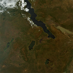 The brownish green landscape of Central Africa is interrupted by several lakes. Lake Tanganyika is the largest, shared by Burundi, the Democratic Republic of the Congo (left), Tanzania (upper right quadrant) and Zambia (lower central section). Most of the lake is possessed by Tanzania and the DRC, 21 June 2009.