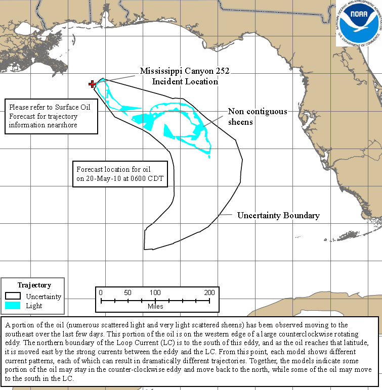 Projected oil spill path to 22 May 2010. Deepwater Horizon 72Hr Trajectory Map: The 72-hour trajectory forecast is prepared by NOAA / NOS / OR&R.
