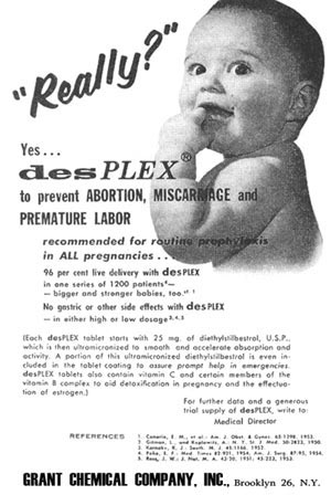 Medical journal advertisement for prenatal tablets with vitamins and diethylstilbestrol (DES). 