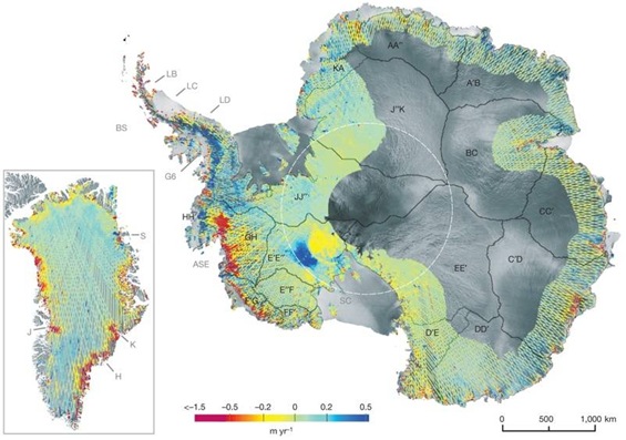 Rate of change of surface elevation for Antarctica and Greenland. HD Pritchard et al. Nature 000, 1-5 (2009) doi:10.1038/nature08471