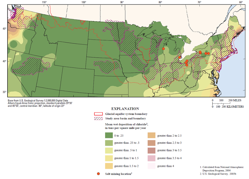 Mean wet deposition of chloride, 1994&ndash;2003, and locations of salt mining in the glacial aquifer system study area, northern United States. John R. Mullaney, David L. Lorenz, and Alan D. Arntson, USGS
