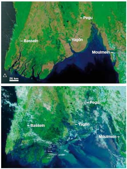 Satellite images of the Myanmar coast on 15 April 2008 (top) before Cyclone Nargis and 5 May 2008 (bottom) after Nargis hit the region, showing the devastation of flooding over the coastal area. Source: UNEP 2009, NASA