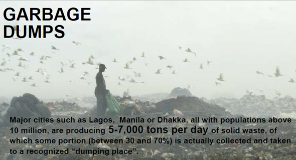 Across the planet each person on average, produces somewhere between 0.2 and 1 kilogram of solid waste (garbage) per day, depending on a wide range of factors, not counting industry and construction activities, which produce even larger quantities. Much of the solid waste in developing countries is dumped into piles of varying size. From mounds along roadways, to dumps acres wide, these areas are unlined, and completely exposed to the elements , leading to contamination of the surrounding environment as materials degrade.