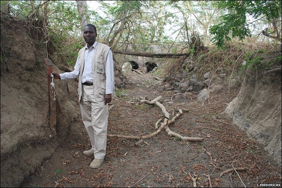 Downstream from Mau forest, the River Njoro is empty. 'This used to be a permanent river,' says Bernard Kuloba of KWS. BBC / L. Fredericks