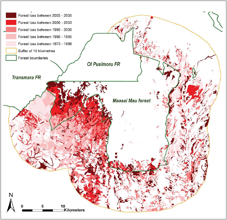 Forest cover changes between 1973 and 2005. UNEP Maasai Mau Forest Status Report 2005 