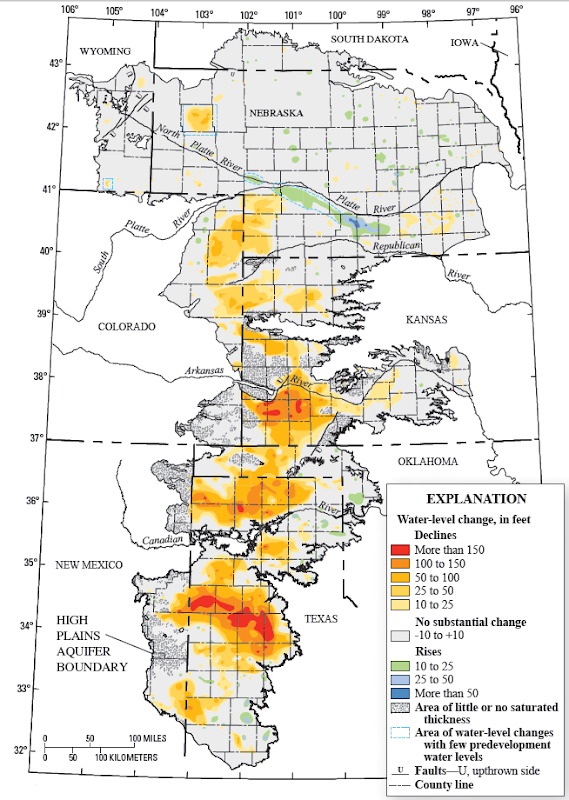 Water-level changes in the High Plains aquifer, predevelopment to 2007 (modified from Gutentag and others, 1984; Lowry and others, 1967; Luckey and others, 1981; and Burbach, 2007).