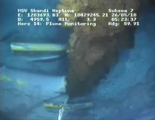 An image from a live video feed the oil plume is seen on the BP.com website early Wednesday, May 26, 2010. The oil company planned a 'top kill' designed to choke off the gusher of oil at the bottom of the Gulf of Mexico by force-feeding it heavy drilling mud and cement early Wednesday May 26, 2010. (BP.com / AP Photo)