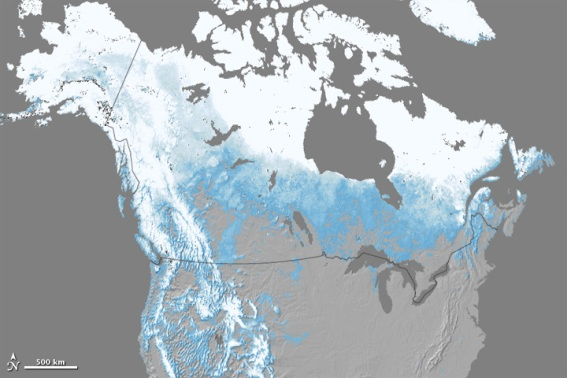 Percent of snow cover in North America over April 2010. Percent snow cover ranges from just above zero (light blue) to 100 percent (white). Land areas with no detectable snow cover during the month are gray. Photo by: NASA