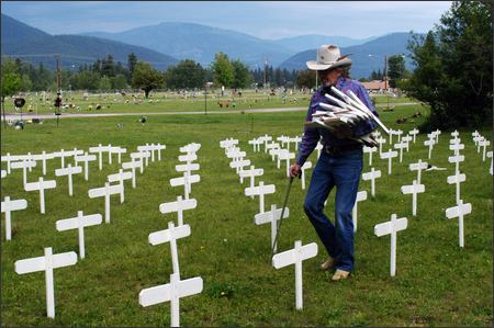 Crosses that represent people killed by vermiculite exposure from the Zonolite mine. via bitsofnews.com