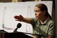 Samantha Joye of the University of Georgia discusses hypoxia caused by underwater oil plumes from the BP Deepwater Horizon oil spill, 22 June 2010. Paul Efland, University of Georgia, via The Associated Press