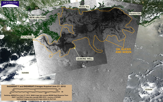 RADARSAT images acquired June 27, 2010, courtesy of CSTARS. Analysis by SkyTruth