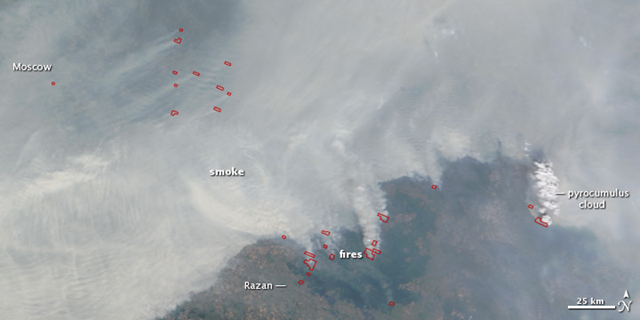 Intense fires continued to rage in western Russia on August 4, 2010. Burning in dry peat bogs and forests, the fires produced a dense plume of smoke that reached across hundreds of kilometers. The Moderate Resolution Imaging Spectroradiometer (MODIS) captured this view of the fires and smoke in three consecutive overpasses on NASA&rsquo;s Terra satellite. NASA image courtesy Jeff Schmaltz, MODIS Rapid Response Team at NASA GSFC.