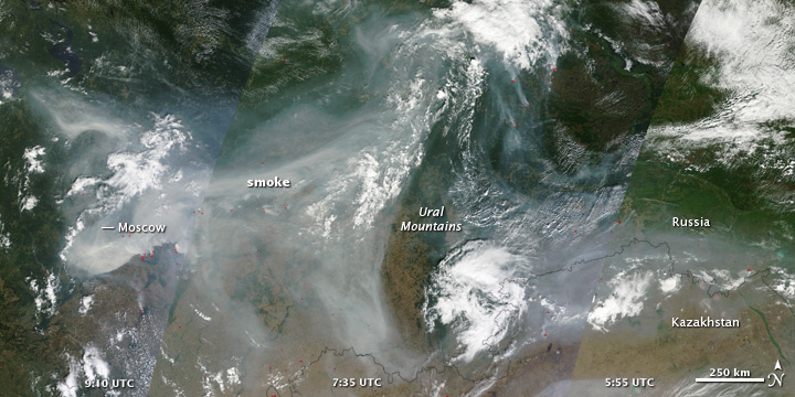 Intense fires continued to rage in western Russia on August 4, 2010. Burning in dry peat bogs and forests, the fires produced a dense plume of smoke that reached across hundreds of kilometers. The Moderate Resolution Imaging Spectroradiometer (MODIS) captured this view of the fires and smoke in three consecutive overpasses on NASA&rsquo;s Terra satellite. NASA image courtesy Jeff Schmaltz, MODIS Rapid Response Team at NASA GSFC