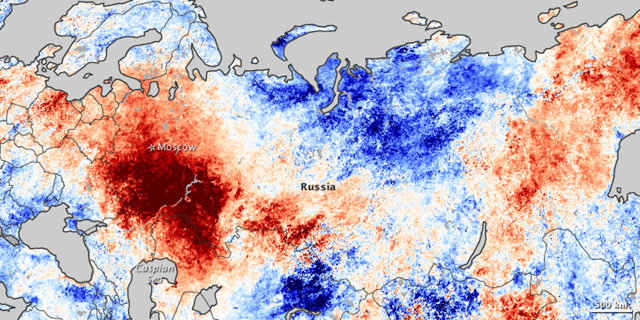 This map shows temperature anomalies for the Russian Federation from July 20&ndash;27, 2010, compared to temperatures for the same dates from 2000 to 2008. The anomalies are based on land surface temperatures observed by the Moderate Resolution Imaging Spectroradiometer (MODIS) on NASA&rsquo;s Terra satellite. Areas with above-average temperatures appear in red and orange, and areas with below-average temperatures appear in shades of blue. Oceans and lakes appear in gray. NASA Earth Observatory image by Jesse Allen