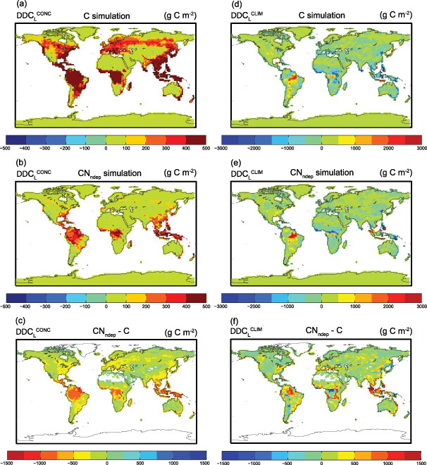 Recent studies indicate that nitrogen biogeochemistry affects the carbon cycle feedback in climate simulations. We use the Community Land Model version 4 (CLM4) with carbon-only and carbon-nitrogen biogeochemistry to assess the influence of nitrogen on the land carbon budget for 1973-2004. ΔΔCLCONC and ΔΔCLCLIM (g C m-2) for (a and d) C simulations and (b and e) CNndep simulations. (c and f) Difference CNndep - C. Bonan, G.B. and S. Levis. 2010