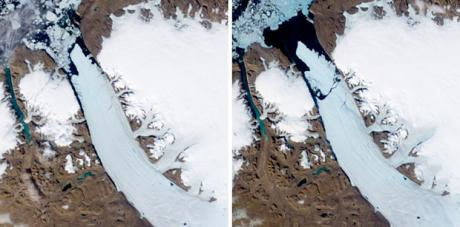 Two satellite images provided by NASA and taken on July 28 and Aug. 5, show the Petermann Glacier in Northern Greenland. A giant ice island, seen in image at right, has broken off the Petermann Glacier. The floating ice sheet covers 100 square miles (260 sq. kilometres) - more than four times the size of Manhattan. AFP / NASA