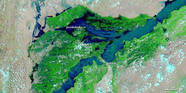 The Moderate Resolution Imaging Spectroradiometer (MODIS) on NASA’s Aqua satellite captured this image of the Indus River around the city of Jacobabad, August 17, 2010. This image uses a combination of infrared and visible light to increase the contrast between water and land. Water appears in varying shades of blue, vegetation is green, and bare ground is pinkish brown. Clouds are bright turquoise. NASA images courtesy the MODIS Rapid Response Team at NASA GSFC