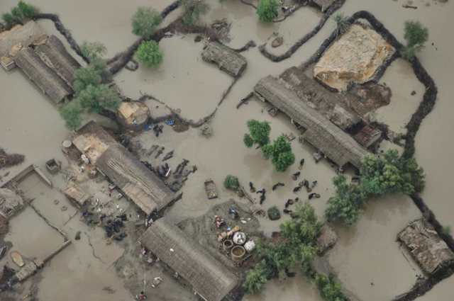 An aerial view from a Pakistan army rescue helicopter shows the flooded area of Sukkur in the Sindh province of Pakistan on August 7, 2010. Torrential rains frustrated aid efforts in Pakistan, with some helicopters grounded as authorities battled to help 15 million people affected by the country's worst floods ever. UPI / Sajjad Ali Qureshi