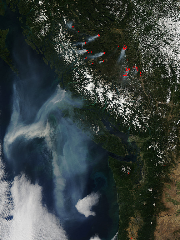 Multiple clusters of fires burned in British Columbia, sending a thick plume of smoke over the Pacific Ocean in mid-August 2010. The Moderate Resolution Imaging Spectroradiometer (MODIS) on NASA&rsquo;s Aqua satellite captured this natural-color image on August 13.  Jeff Schmaltz, MODIS Land Rapid Response Team, NASA GSFC