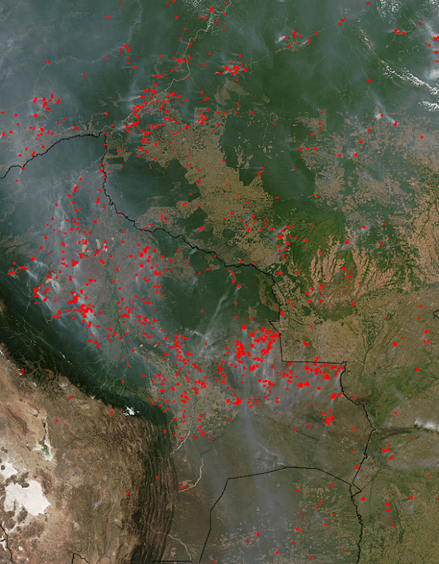 Fires in South America, 7 August 2010. NASA / MODIS, Satellite: Aqua