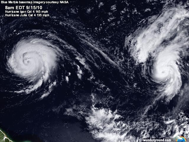 A rare double feature: two simultaneous Category 4 hurricanes in the Atlantic, for only the second time in recorded history, 15 September 2010. wunderground.com / climateprogress.org