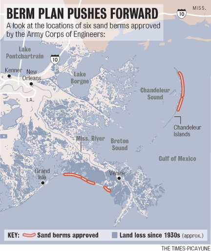 Approved Louisiana sand berms for repelling oil spills, and land lost since the 1930s. The Times-Picayune
