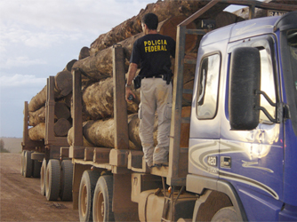 Brazilian Federal Police officer on a logging truck. Brazilian Federal Police / mongabay.com