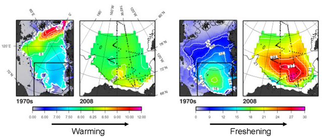 Warming and freshening of the Beaufort Sea in 2008 compared to the 1970s. The 2008 areas are outlined in black in the 1970s panels. 2010 Canadian Marine Ecosystem Status and Trends Report