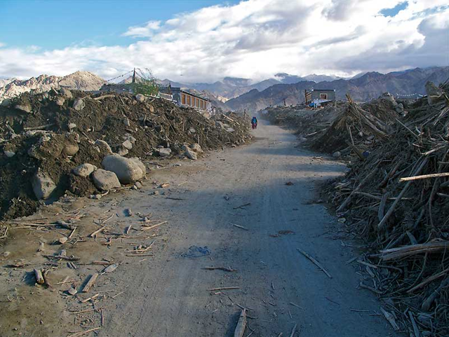 The road of devastation through the Tibetan village of Choglamsar. ladakhfloodrelief.org