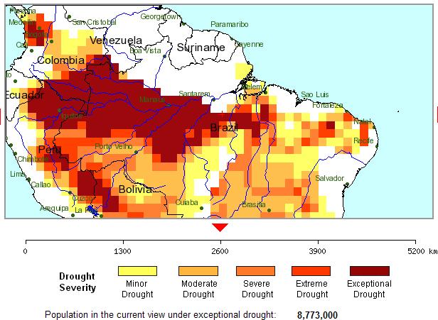 Amazon rainforest drought, 1-month assessment period, through 16 October 2010. University College London Global Drought Monitor via Climate Progress