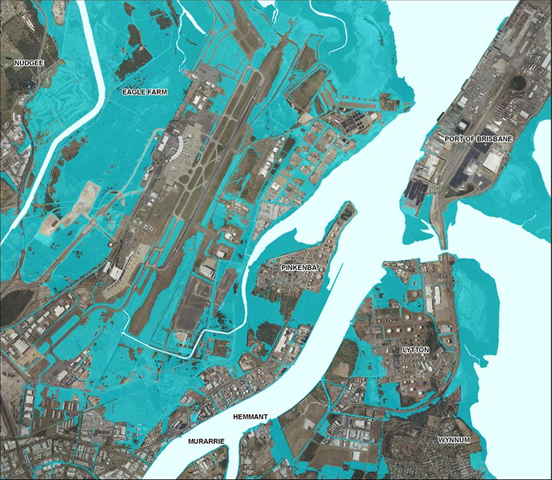 Map released by the Climate Change Department shows estimated inundation at Port of Brisbane from a moderate sea level rise in the year 2100. Department of Climate Change