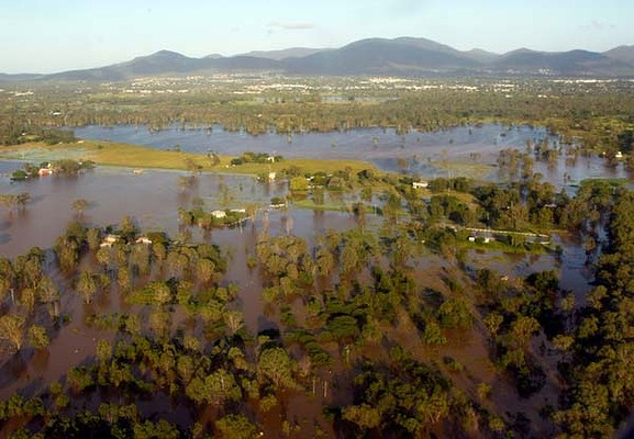 Floodwaters seen from a plane coming in to land at the airport in Rockhampton, Queensland, Australia, 1 January 2010. Janie Barrett / theage.com.au
