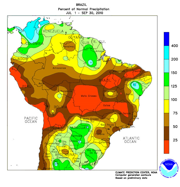 Percent of Normal Precipitation in Brazil, Summer 2010. Most of the Amazon region received less than 75% of normal rainfall between 1 July and 30 September. Large areas have received far less precipitation, in many cases less than 25% of normal. NOAA / wwfblogs.org