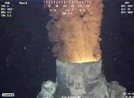 Oil and gas continues to leak from BP's Gulf of Mexico well after the oil containment cap was removed from so it could be replaced with a bigger cap, in the Gulf of Mexico, in this frame grab captured from a BP live video feed July 10, 2010. Credit: Reuters / BP / Handout