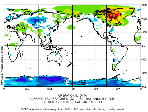 This map shows departures from average surface temperatures for the period from 17 December 2010 to 15 January 2011, as calculated by NOAA’s Earth Systems Research Laboratory. A blob of green, yellow, orange, and red covers a major swath of northern and eastern Canada. The largest anomalies here exceed 21°C (37.8°F) above average, which are very large values to be sustained for an entire month. Image courtesy NOAA / ESRL / PSD Map Room