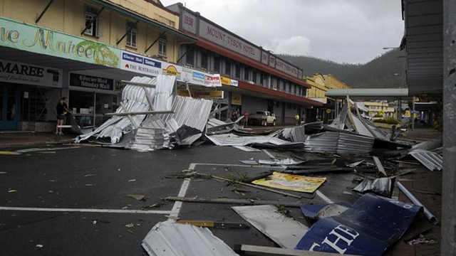 Damage from Cyclone Yasi in Tully, Queensland, Australia, 3 February 2011. This is Butler Street, where awnings have been torn from shopfronts. John Wilson / news.com.au